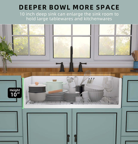 BESTGO White Farmhouse Sink 33 inch Fireclay Apron Front Farm Sink Large Capacity Deep Single Bowl Kitchen Sinks with Accessories Protective Bottom Grid and Strainer