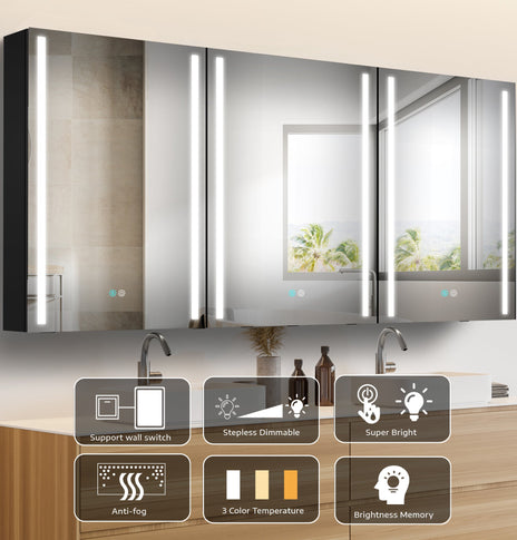 BESTGO Medicine Cabinets 60X30 LED Lighted Bathroom Medicine Cabinet Anti-fogger Dimmable Light Brightness Large Modern 3 Doors Medicine Cabinet Black Alumimum Waterproof