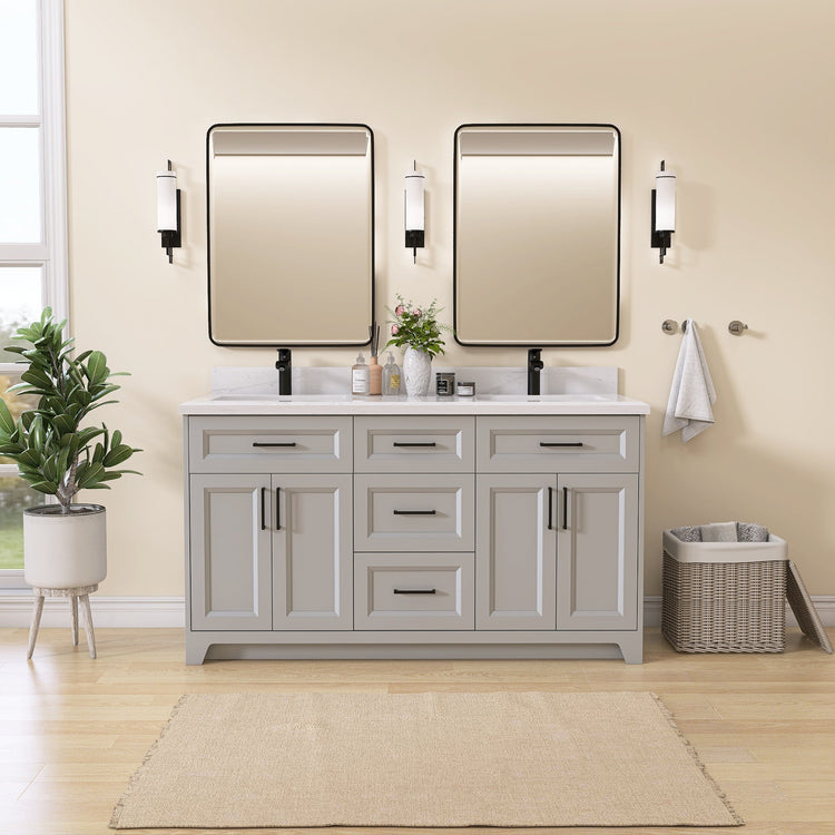 BESTGO 60" Light Grey Bathroom Vanity Cabinet With Sink Combo Set, Modern Solid Wood Frame Bathroom Storage Vanity With Single Sink, Led Lighted Mirror, 2 Soft Closing Doors & 1 Full Extension Drawers