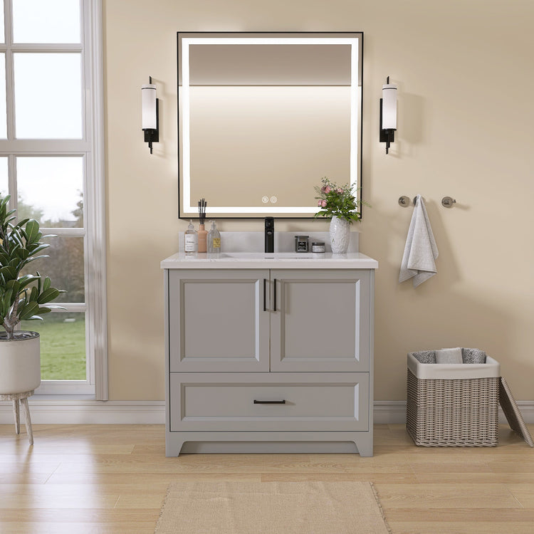 BESTGO 36" Light Grey Bathroom Vanity Cabinet With Sink Combo Set, Modern Solid Wood Frame Bathroom Storage Vanity With Single Sink, Led Lighted Mirror, 2 Soft Closing Doors & 1 Full Extension Drawers